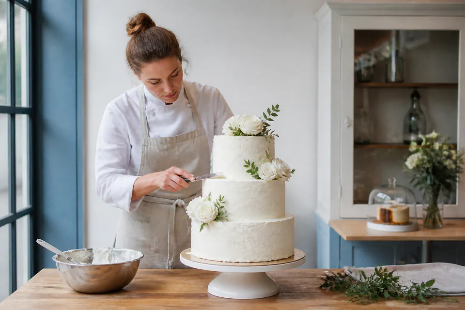 Gâteau de mariage préparé dans un atelier — illustration générée par IA