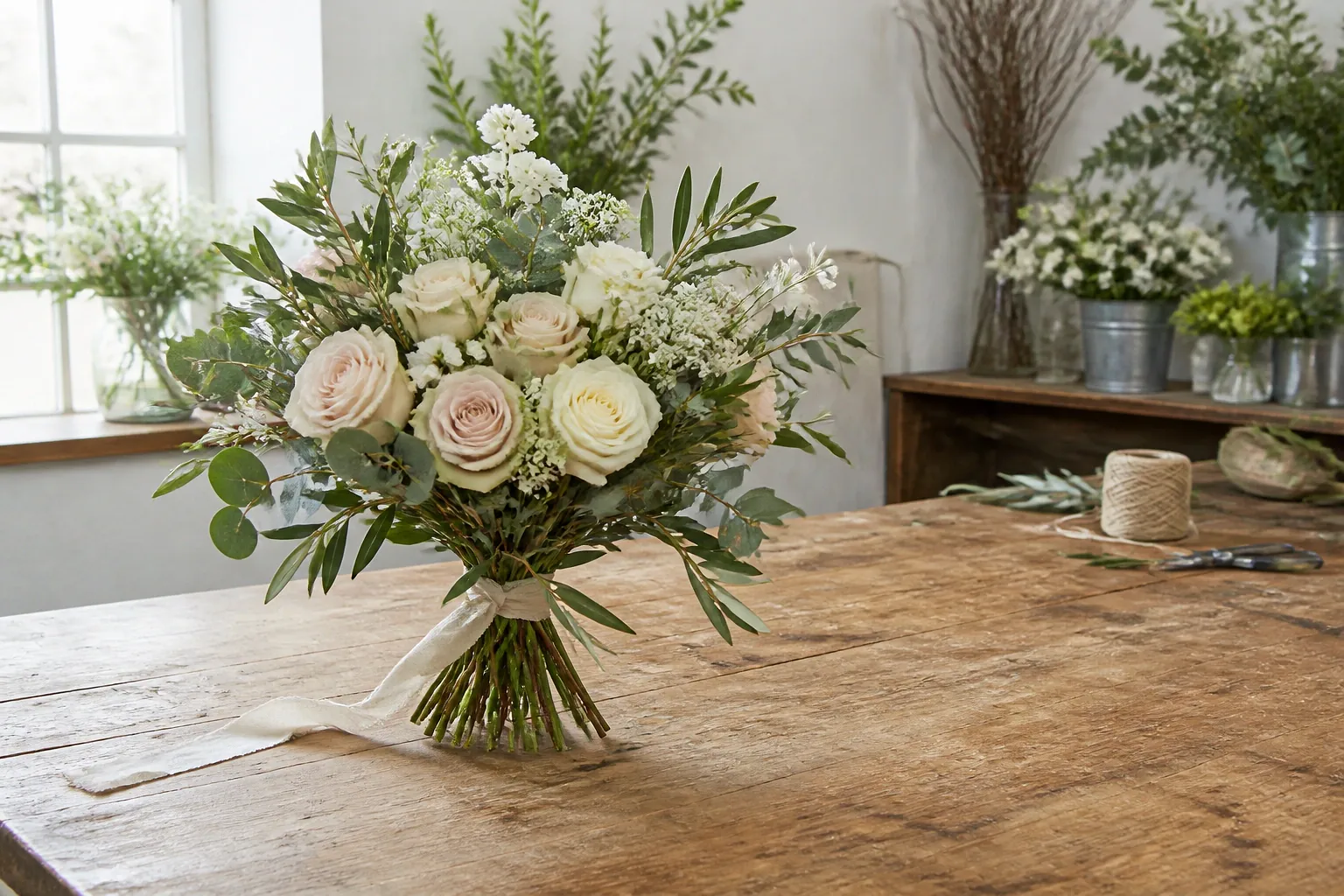 Préparation florale pour un mariage — illustration générée par IA