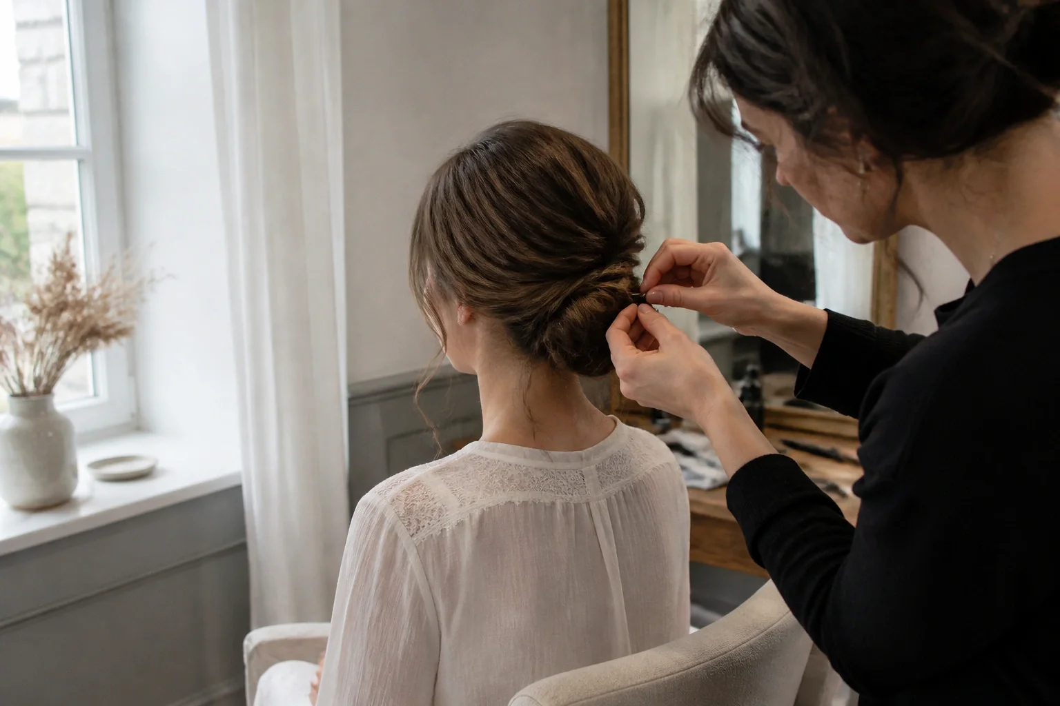 Coiffure de cérémonie vue pendant la préparation — illustration générée par IA