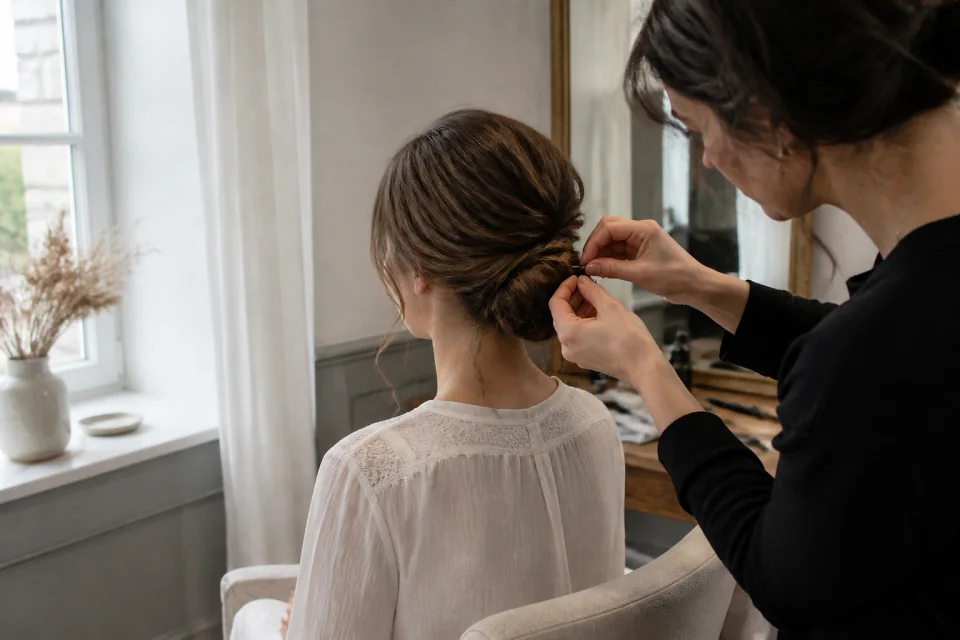 Coiffure de cérémonie vue pendant la préparation — illustration générée par IA