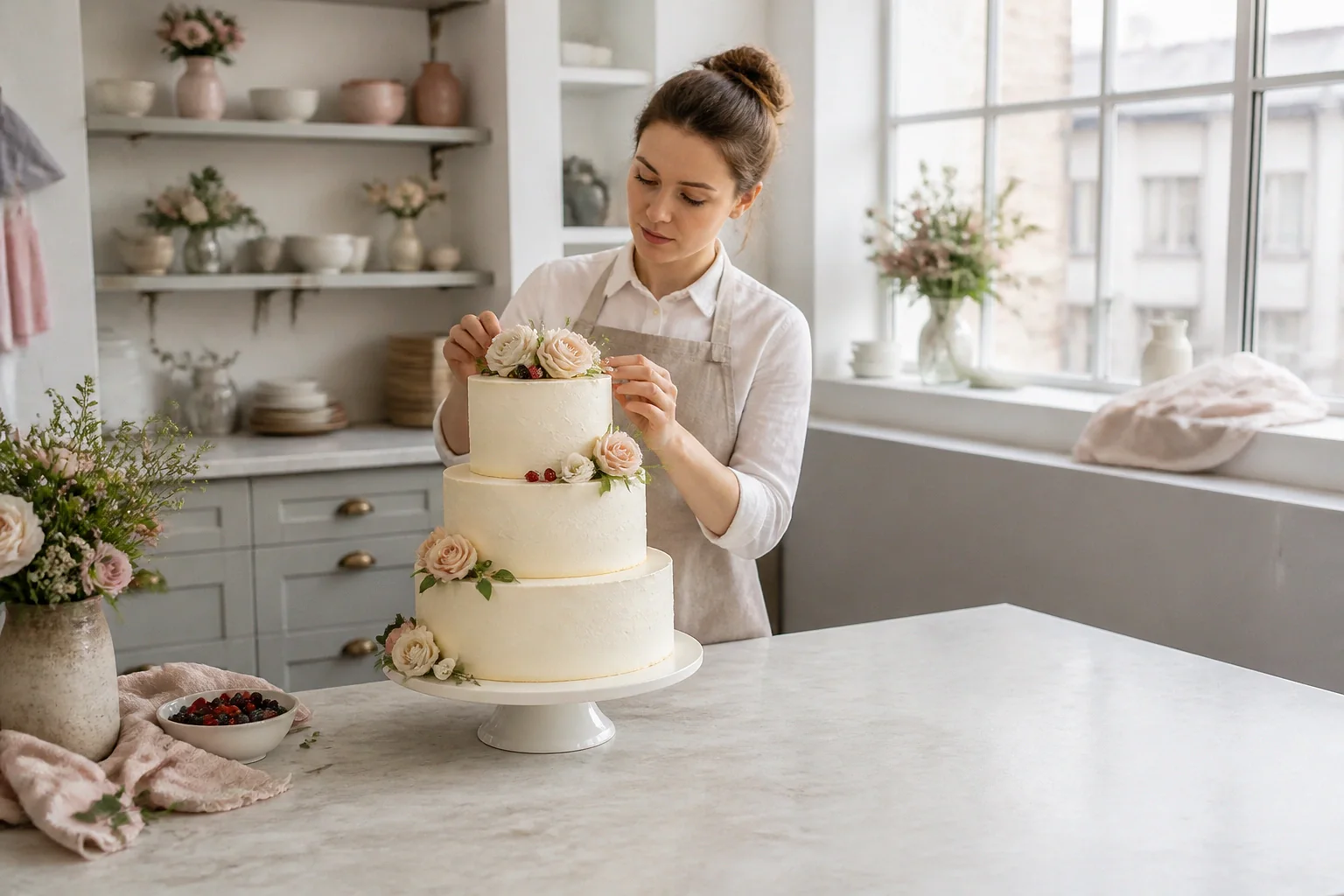 Gâteau de mariage préparé dans un atelier — illustration générée par IA