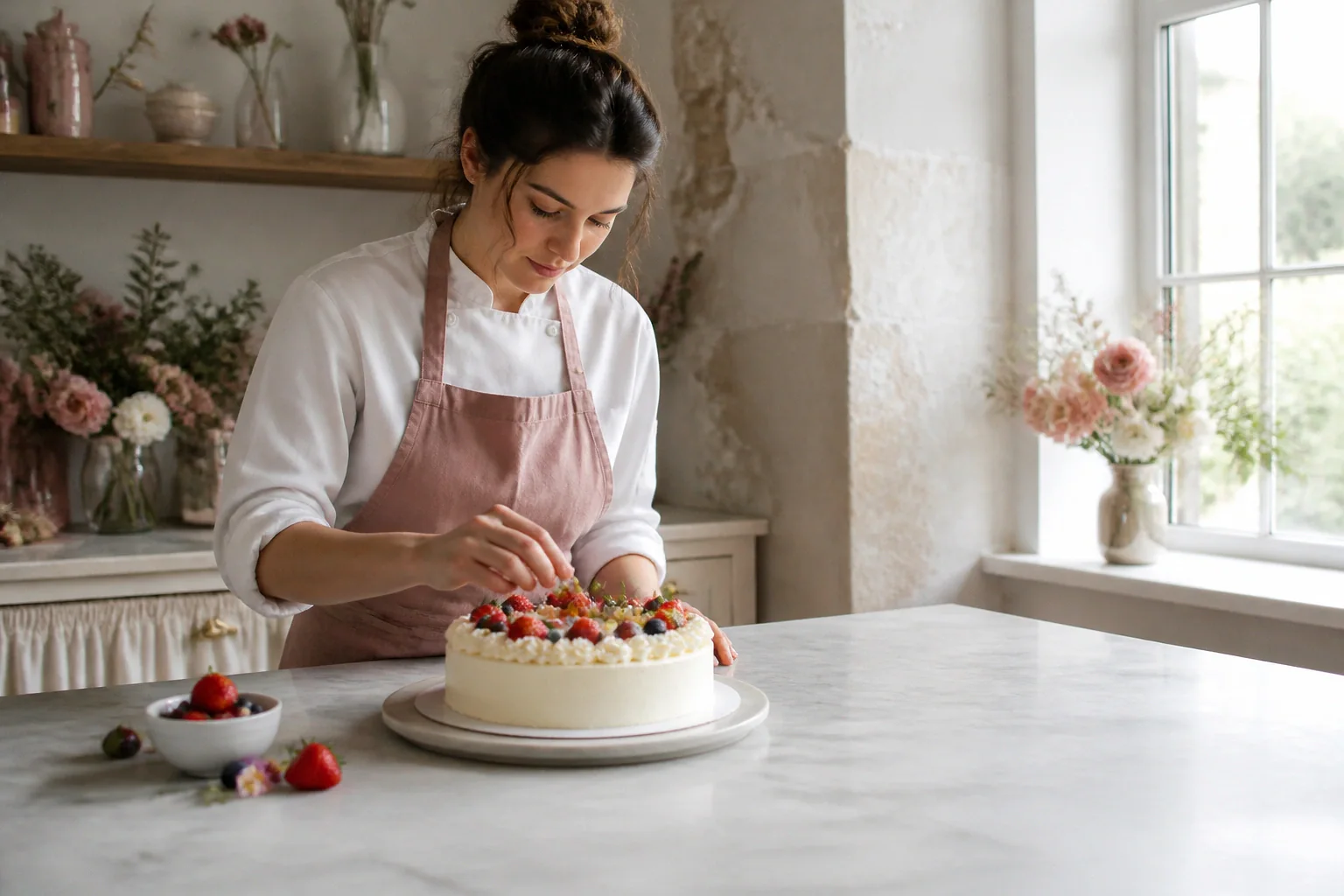 Gâteau de mariage préparé dans un atelier — illustration générée par IA