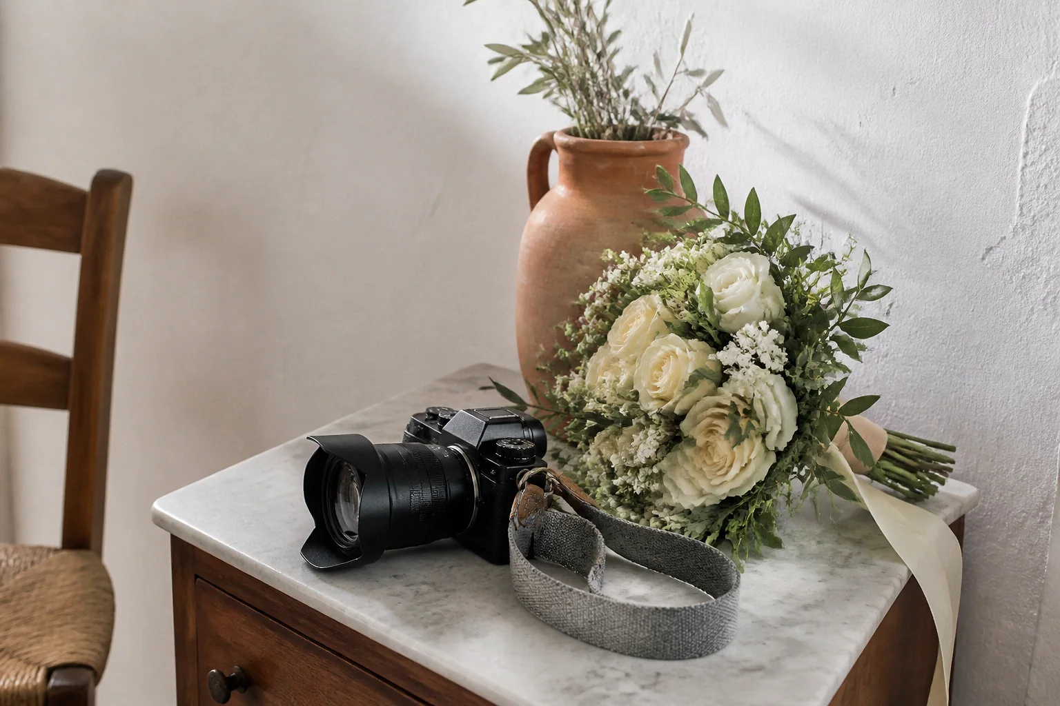 Appareil photo et accessoires de reportage de mariage — illustration générée par IA