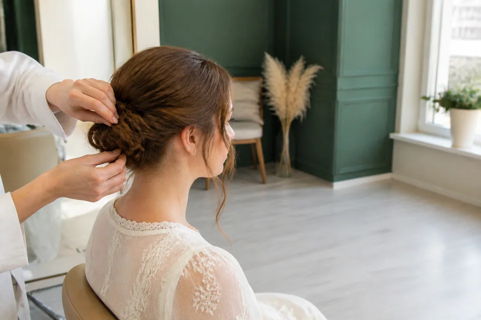 Coiffure de cérémonie vue pendant la préparation — illustration générée par IA