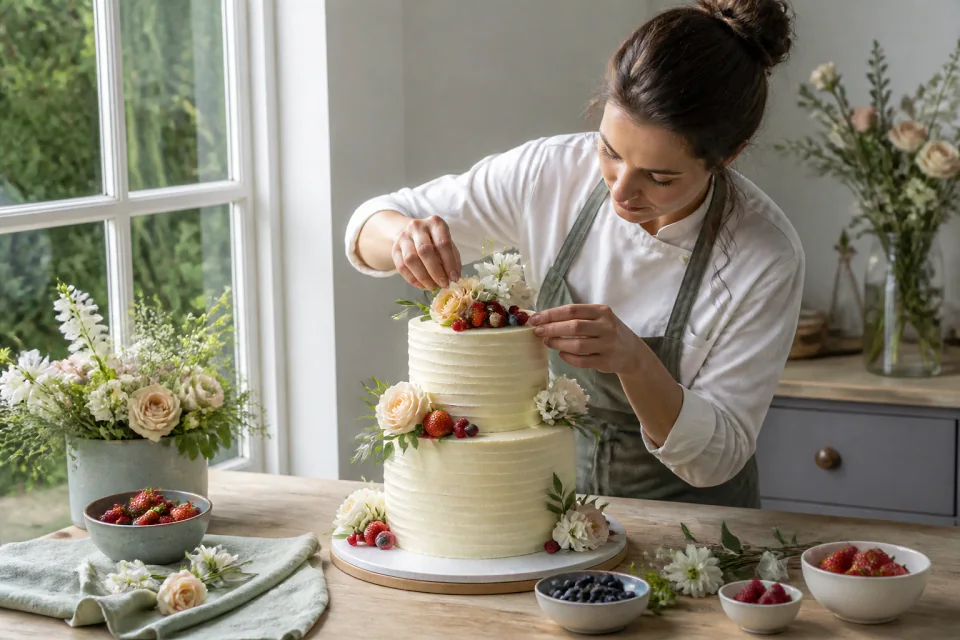 Gâteau de mariage préparé dans un atelier — illustration générée par IA