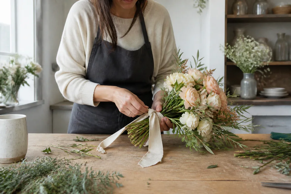 Préparation florale pour un mariage — illustration générée par IA