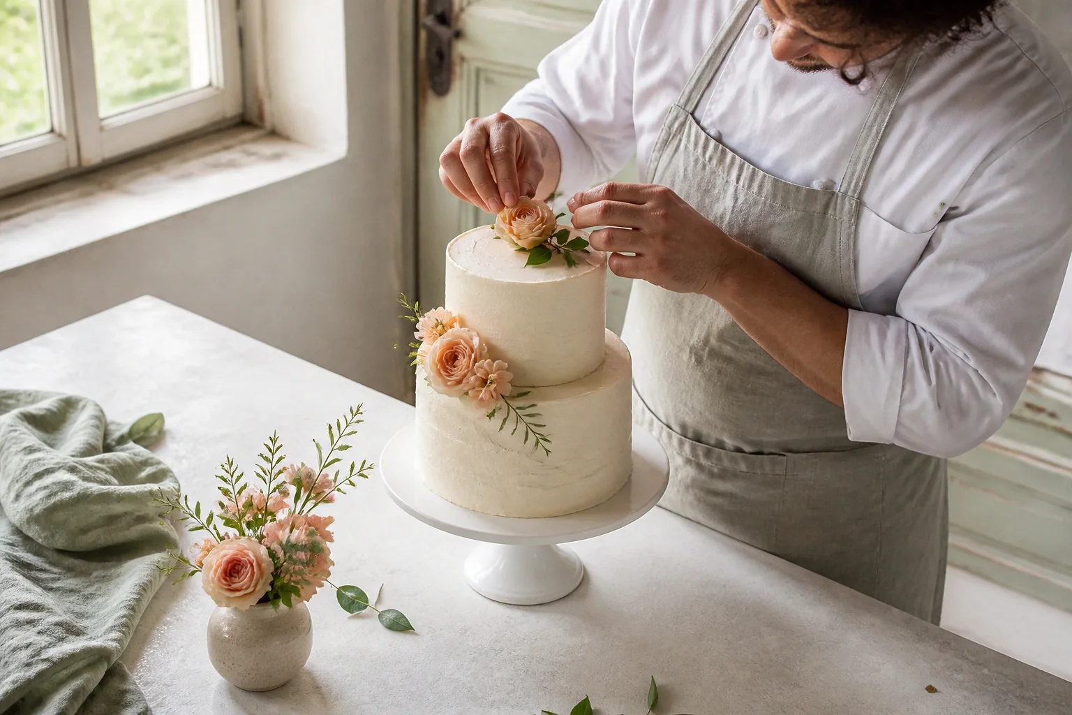Gâteau de mariage préparé dans un atelier — illustration générée par IA