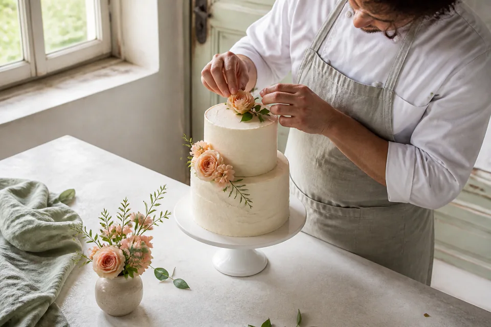 Gâteau de mariage préparé dans un atelier — illustration générée par IA