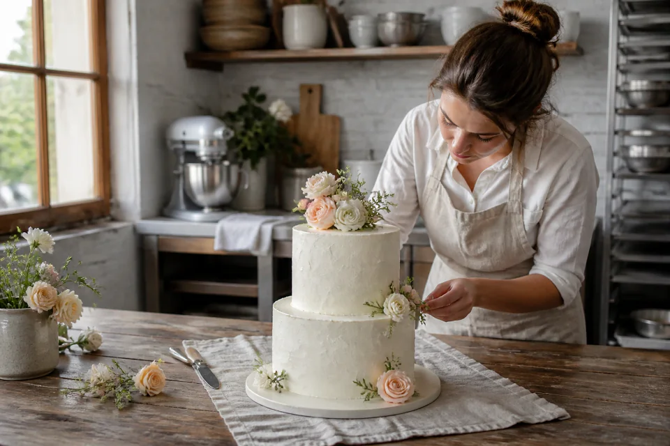 Gâteau de mariage préparé dans un atelier — illustration générée par IA