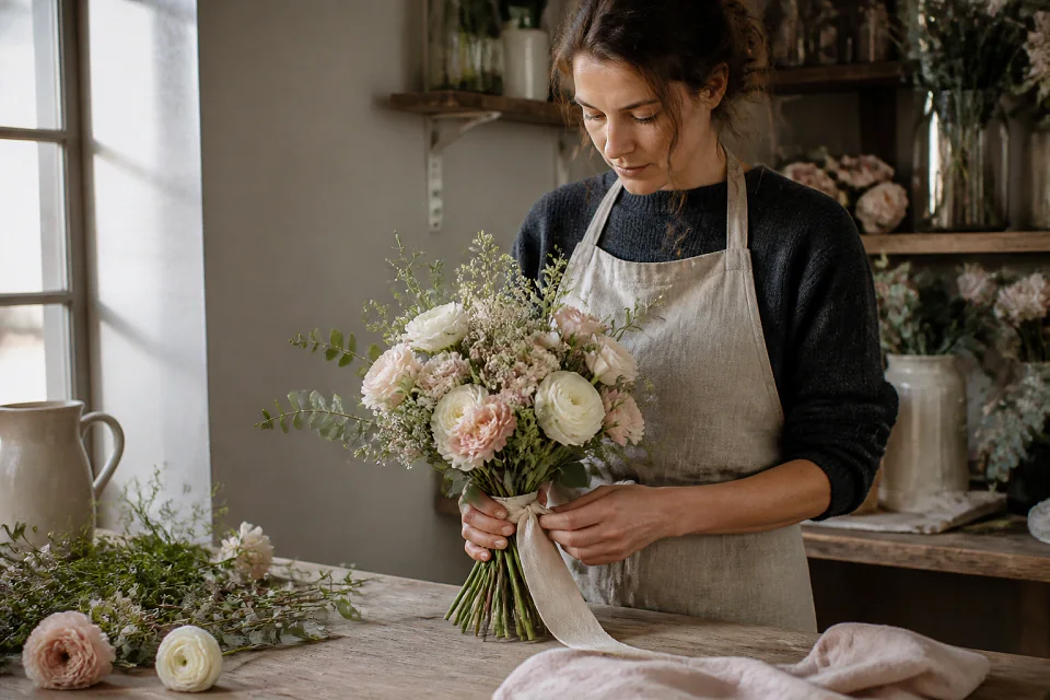 Préparation florale pour un mariage — illustration générée par IA