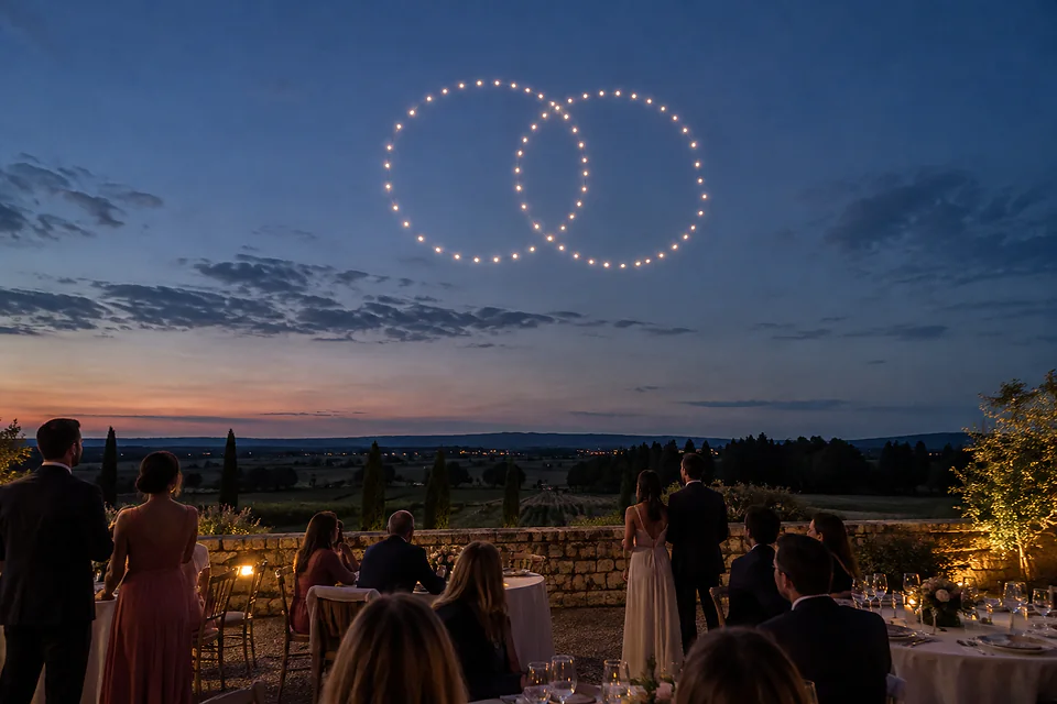 Spectacle de drones lumineux dessinant deux alliances — illustration générée par IA