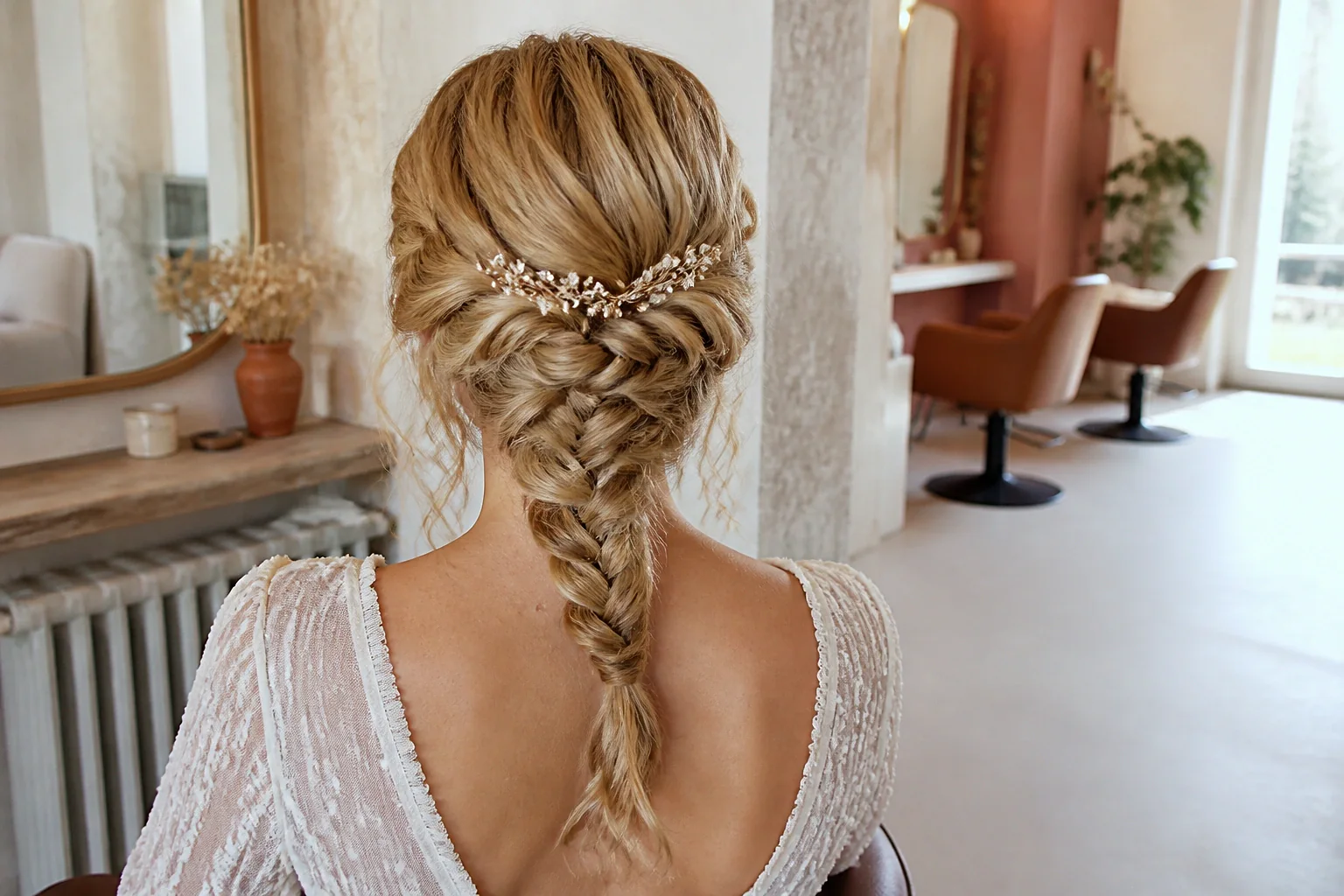 Coiffure de cérémonie vue pendant la préparation — illustration générée par IA