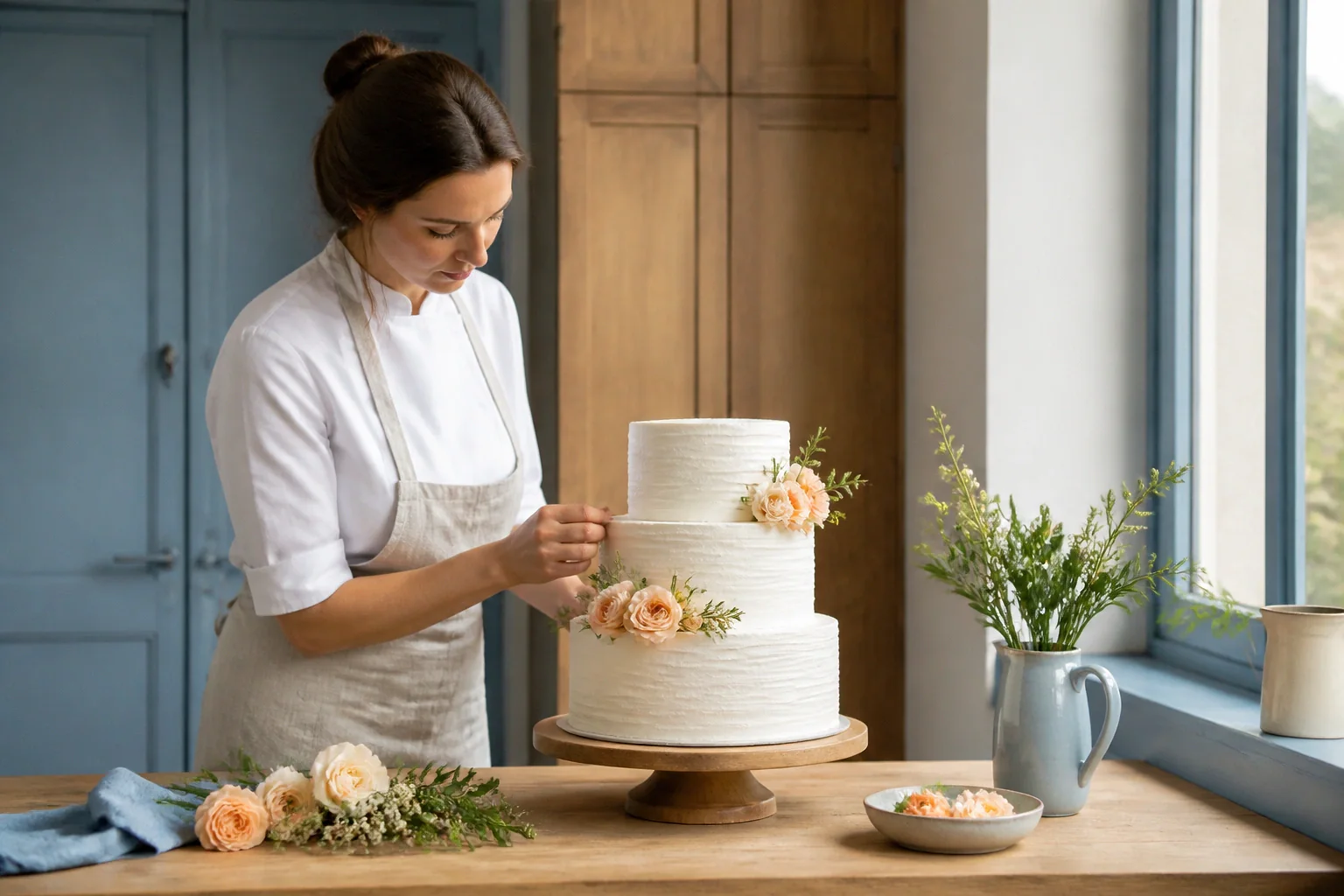 Gâteau de mariage préparé dans un atelier — illustration générée par IA