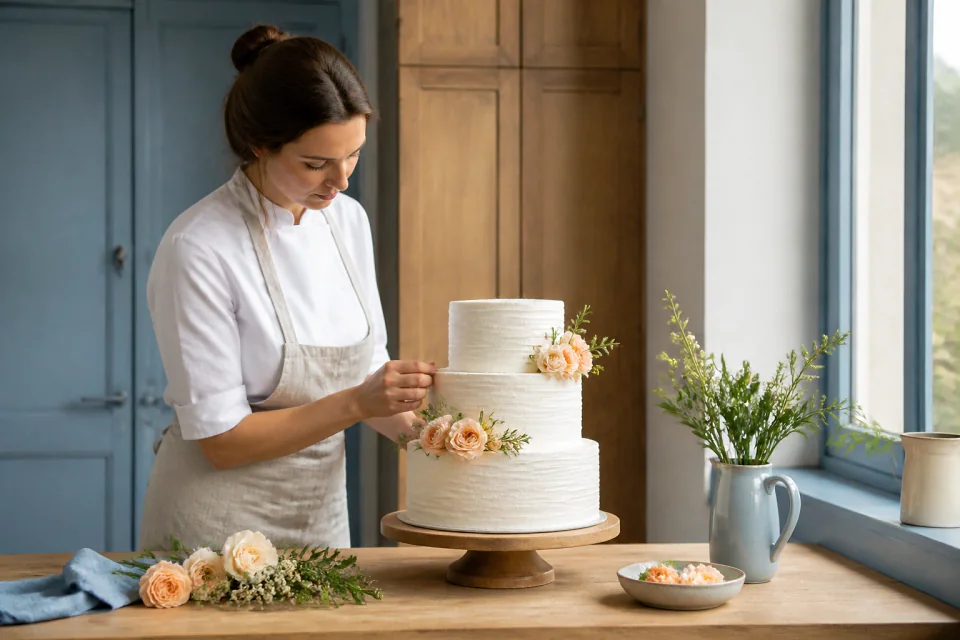 Gâteau de mariage préparé dans un atelier — illustration générée par IA