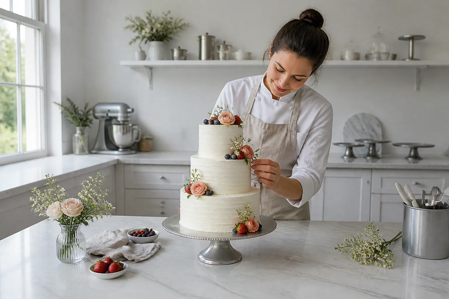 Gâteau de mariage préparé dans un atelier — illustration générée par IA