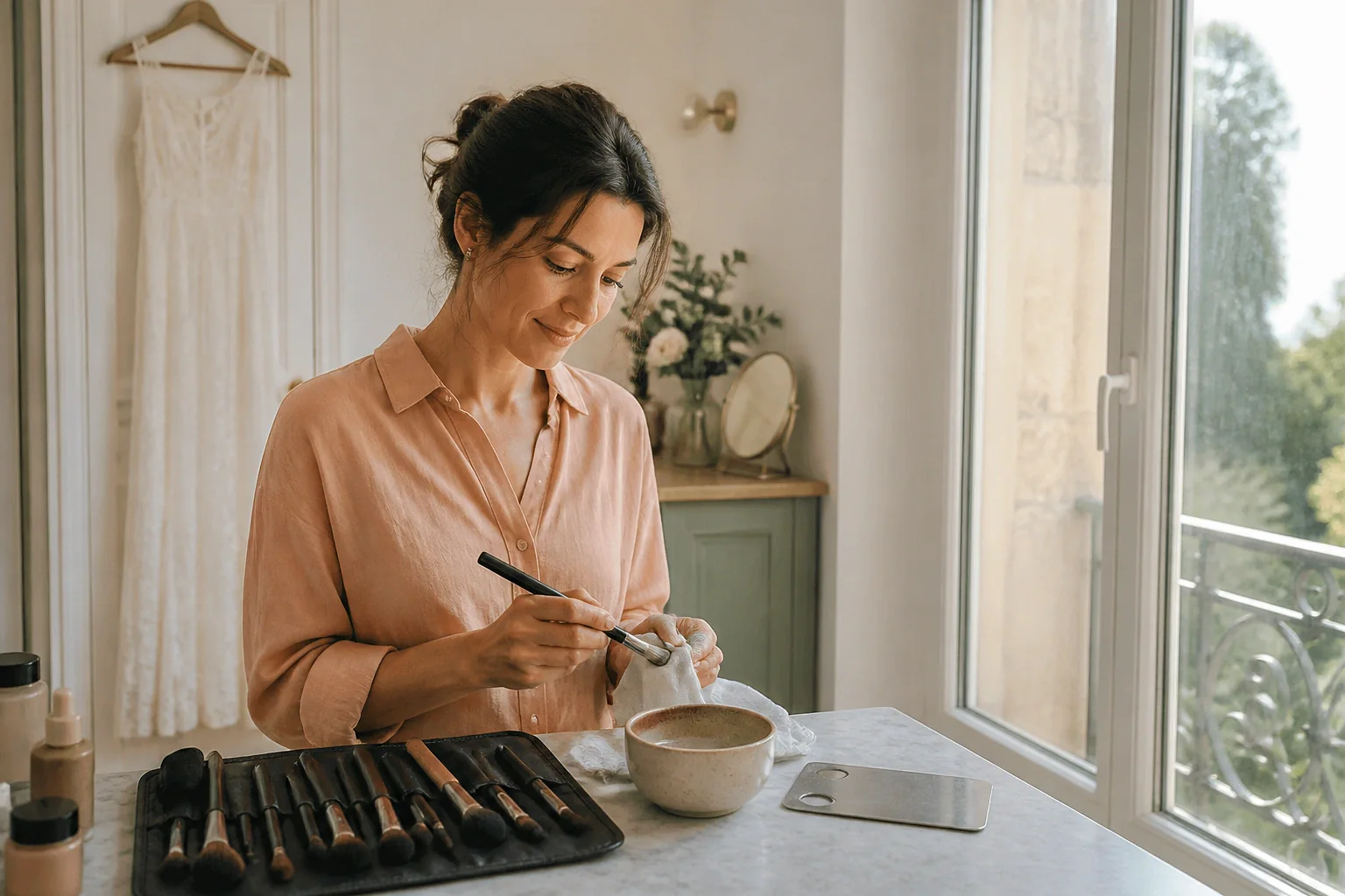 Préparation d’un maquillage de mariage — illustration générée par IA