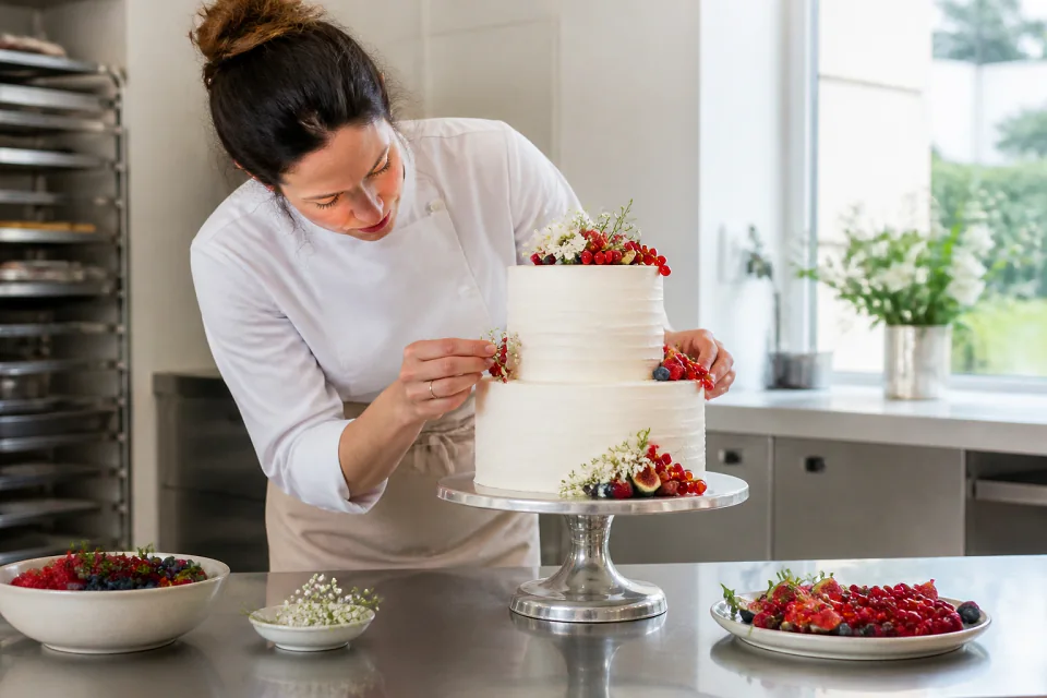 Gâteau de mariage préparé dans un atelier — illustration générée par IA