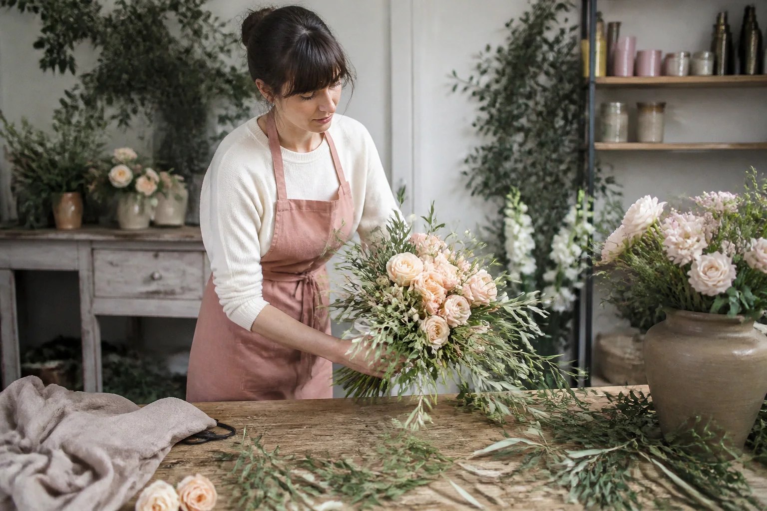 Préparation florale pour un mariage — illustration générée par IA