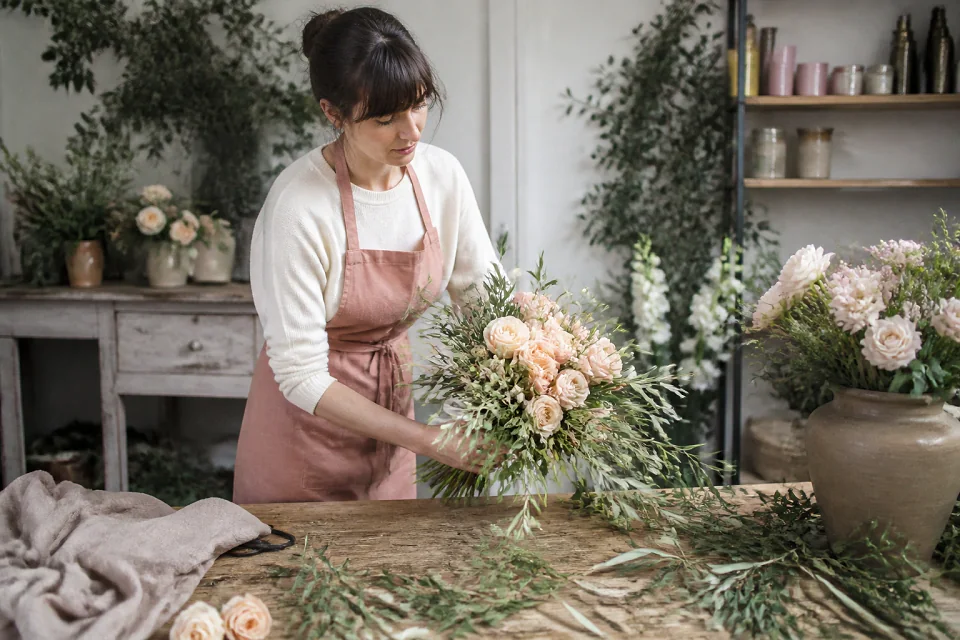Préparation florale pour un mariage — illustration générée par IA