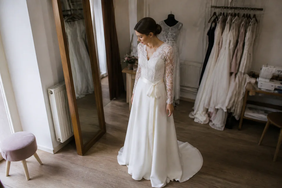 Robe de mariée dans un atelier de confection — illustration générée par IA