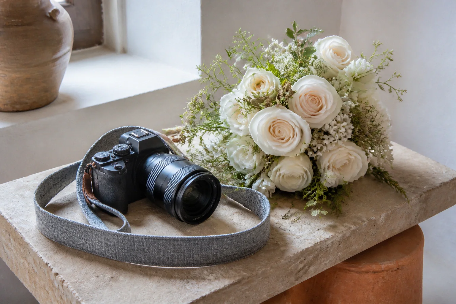 Appareil photo et accessoires de reportage de mariage — illustration générée par IA