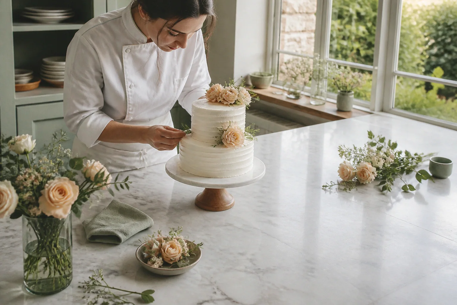 Gâteau de mariage préparé dans un atelier — illustration générée par IA