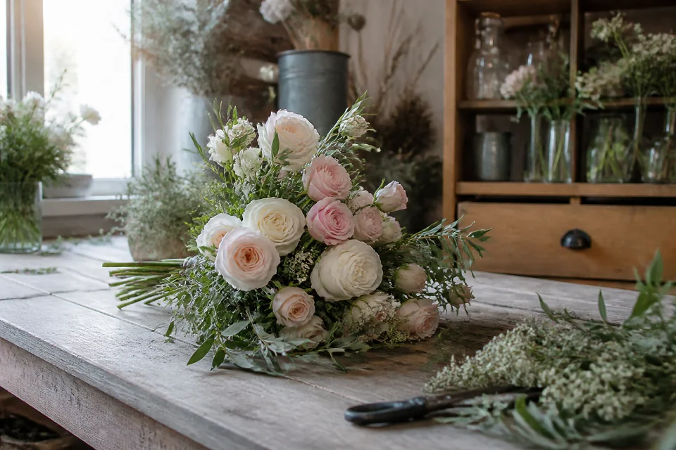 Préparation florale pour un mariage — illustration générée par IA