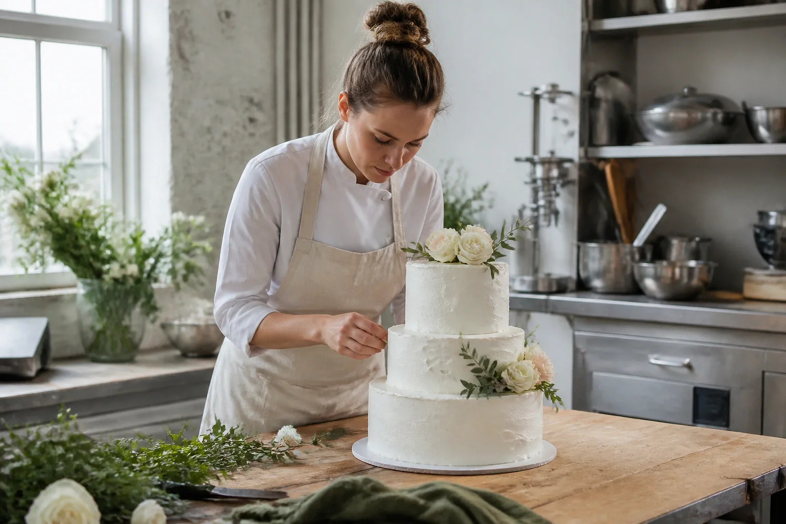 Gâteau de mariage préparé dans un atelier — illustration générée par IA