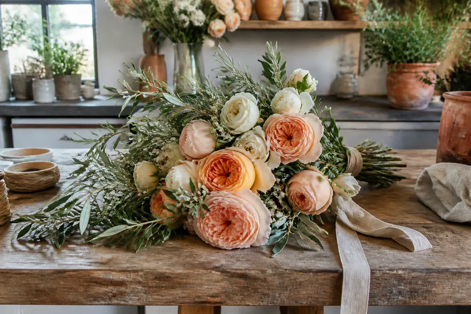 Préparation florale pour un mariage — illustration générée par IA
