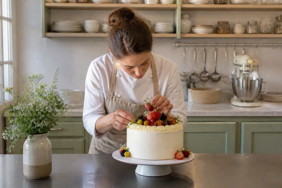 Gâteau de mariage préparé dans un atelier — illustration générée par IA