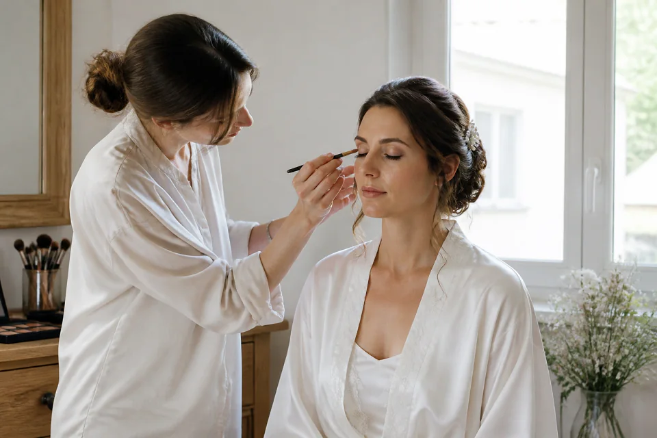 Préparation d’un maquillage de mariage — illustration générée par IA