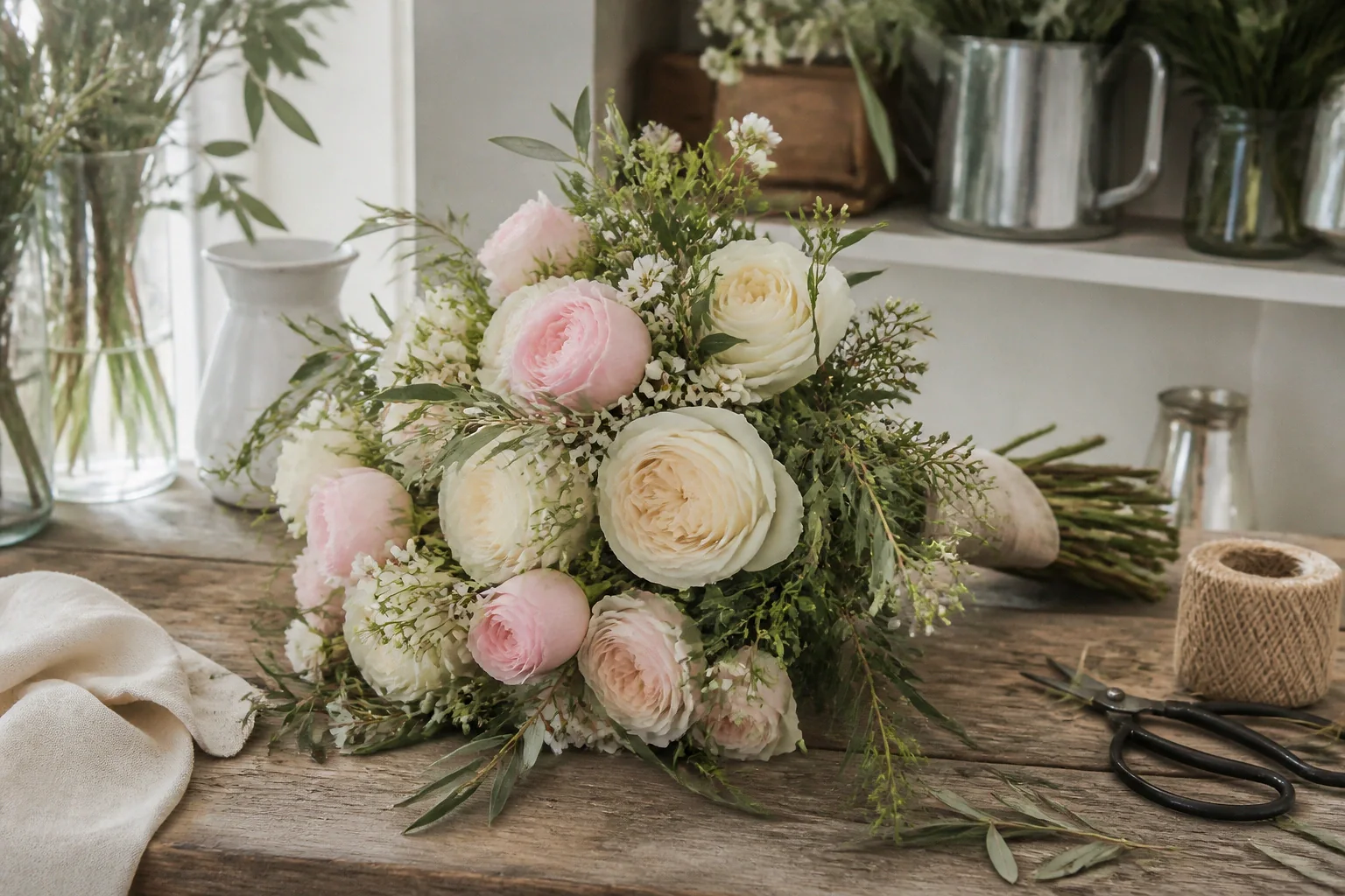 Préparation florale pour un mariage — illustration générée par IA