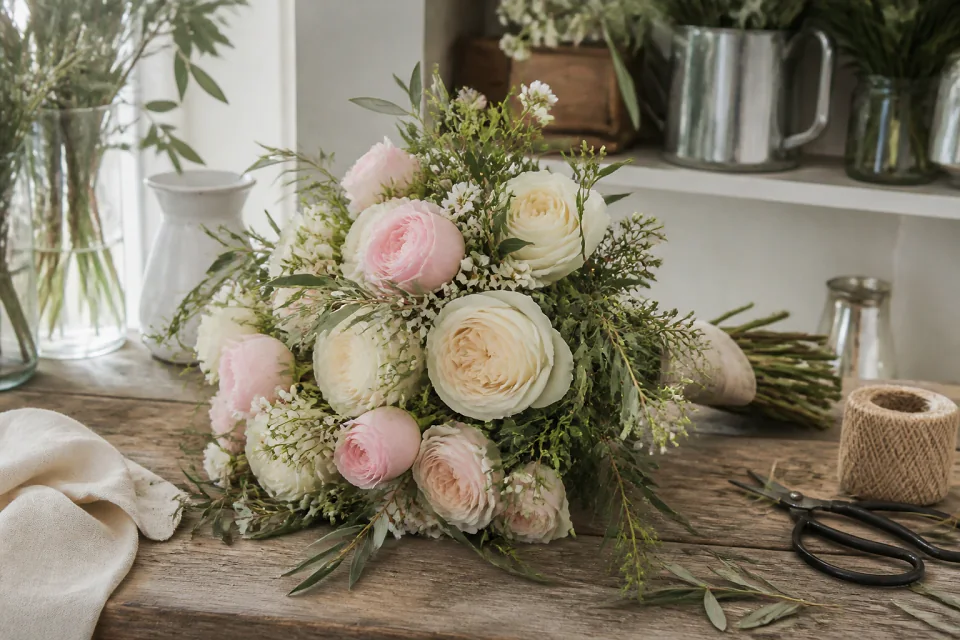 Préparation florale pour un mariage — illustration générée par IA