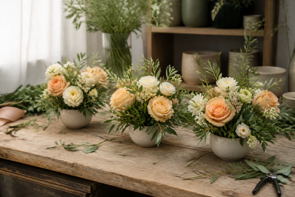 Préparation florale pour un mariage — illustration générée par IA