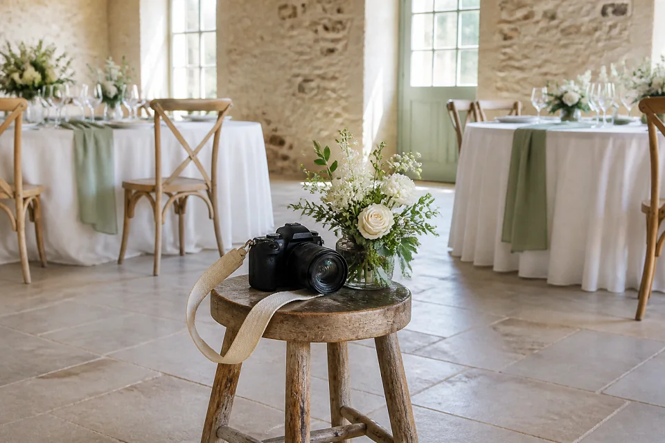Appareil photo et accessoires de reportage de mariage — illustration générée par IA