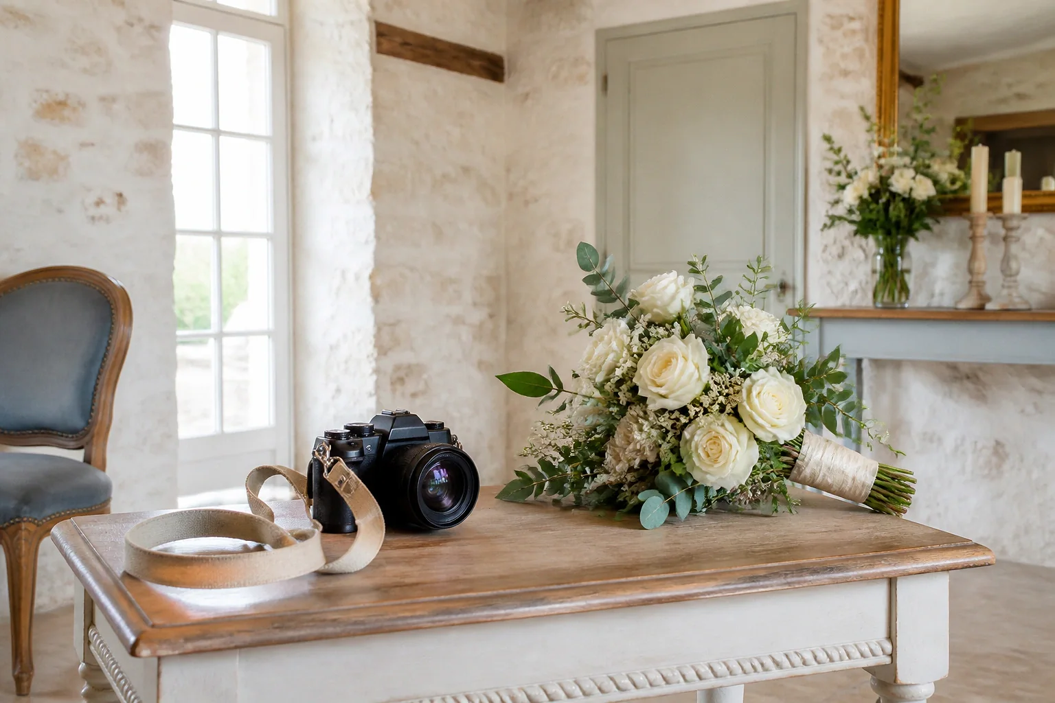 Appareil photo et accessoires de reportage de mariage — illustration générée par IA