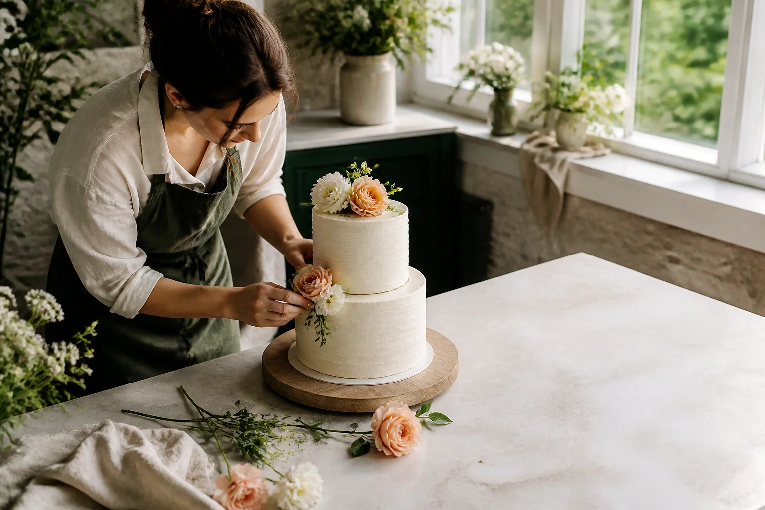 Gâteau de mariage préparé dans un atelier — illustration générée par IA