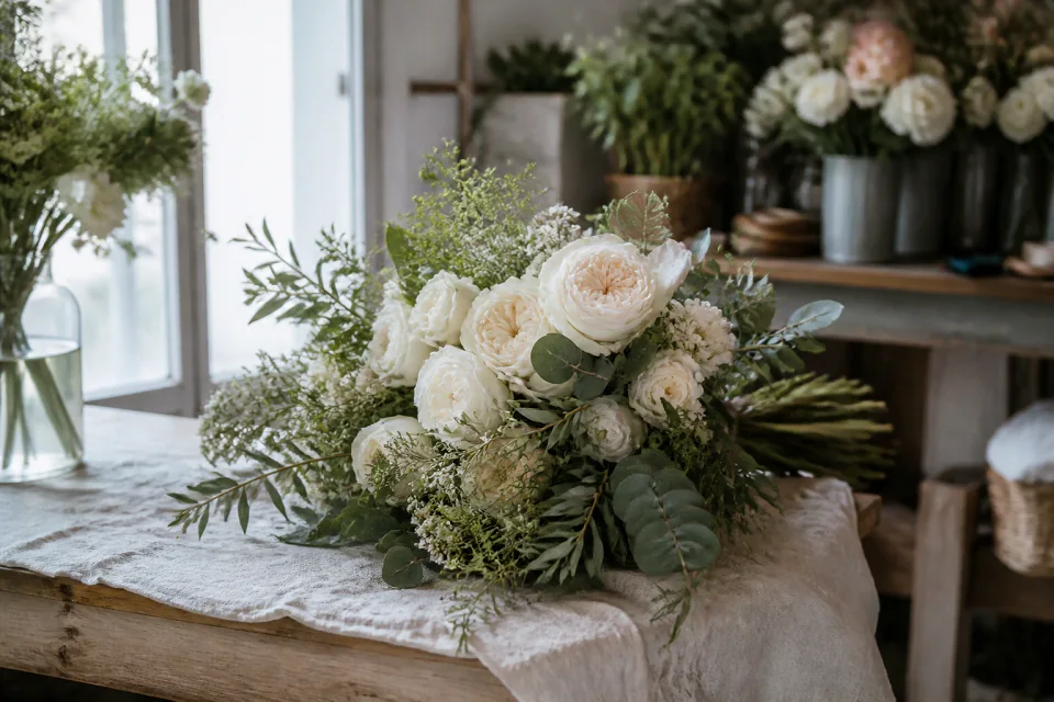Préparation florale pour un mariage — illustration générée par IA