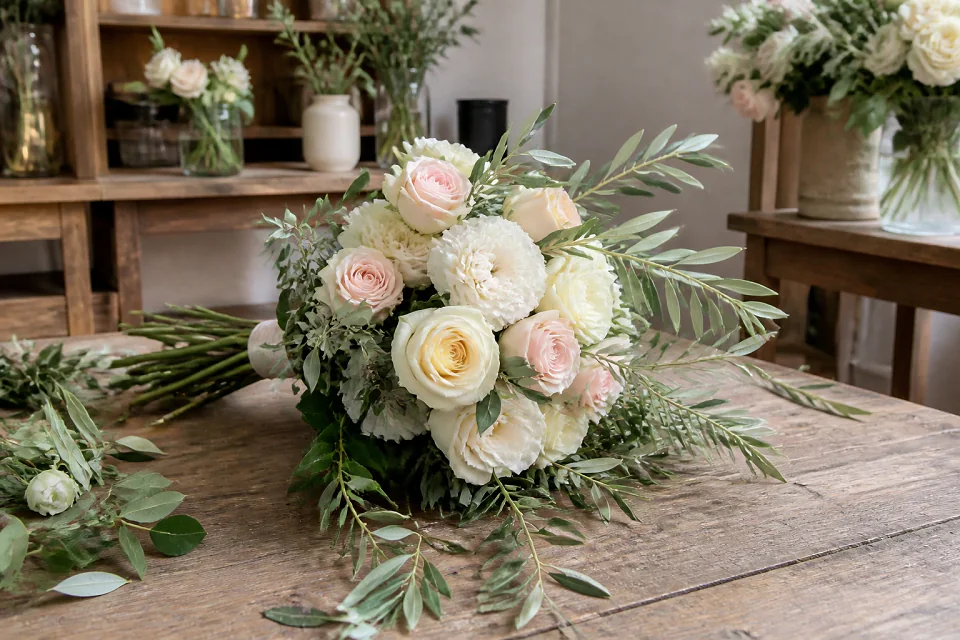 Préparation florale pour un mariage — illustration générée par IA