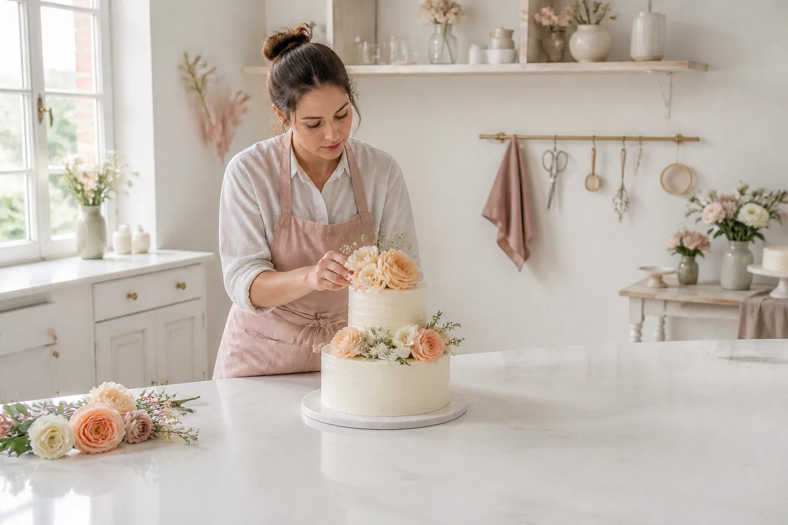 Gâteau de mariage préparé dans un atelier — illustration générée par IA