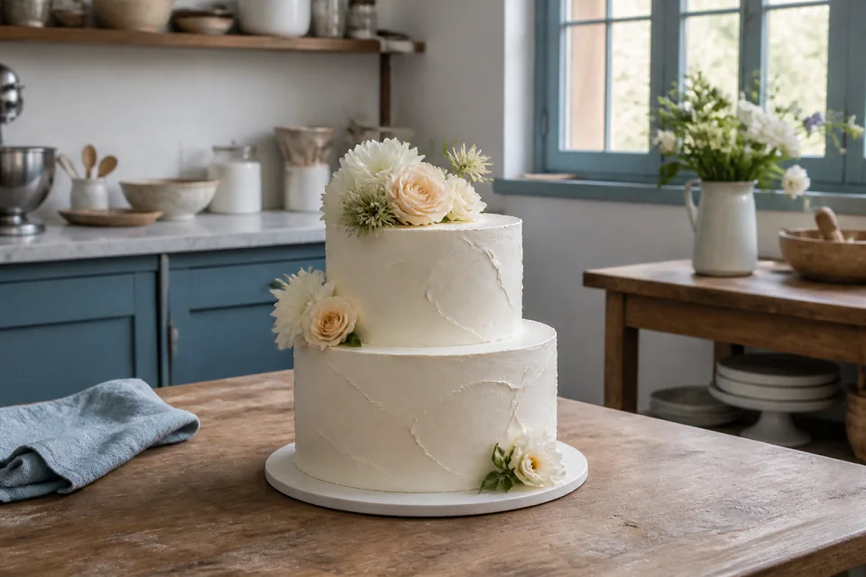 Gâteau de mariage préparé dans un atelier — illustration générée par IA