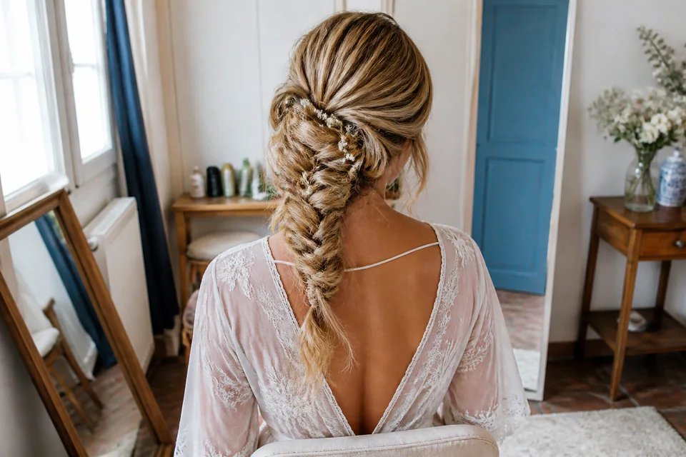 Coiffure de cérémonie vue pendant la préparation — illustration générée par IA