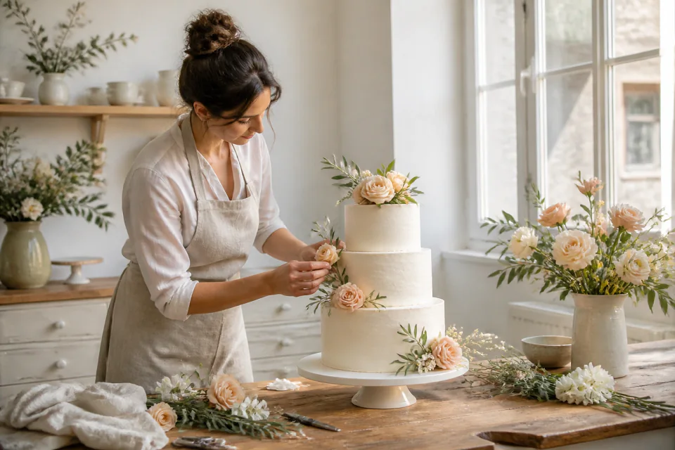 Gâteau de mariage préparé dans un atelier — illustration générée par IA