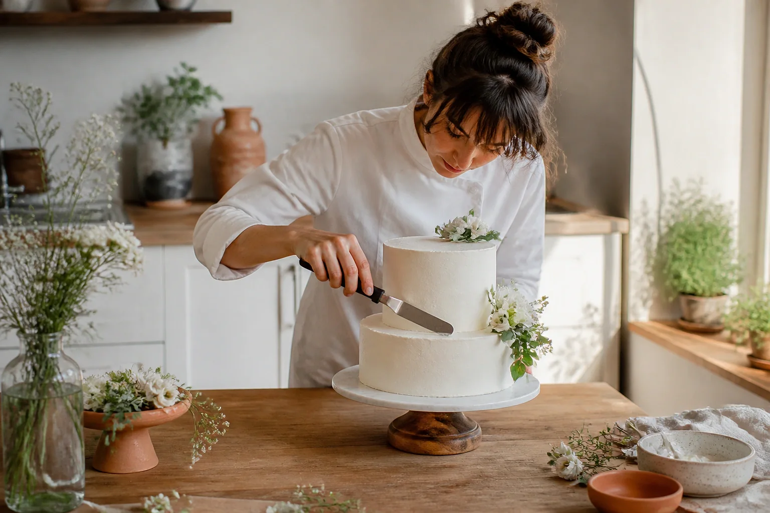 Gâteau de mariage préparé dans un atelier — illustration générée par IA