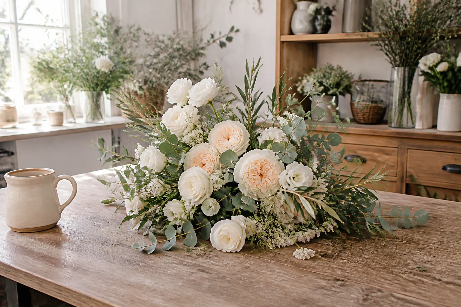 Préparation florale pour un mariage — illustration générée par IA