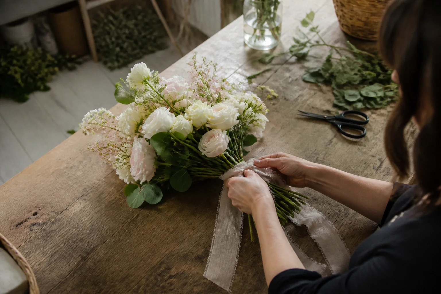 Préparation florale pour un mariage — illustration générée par IA