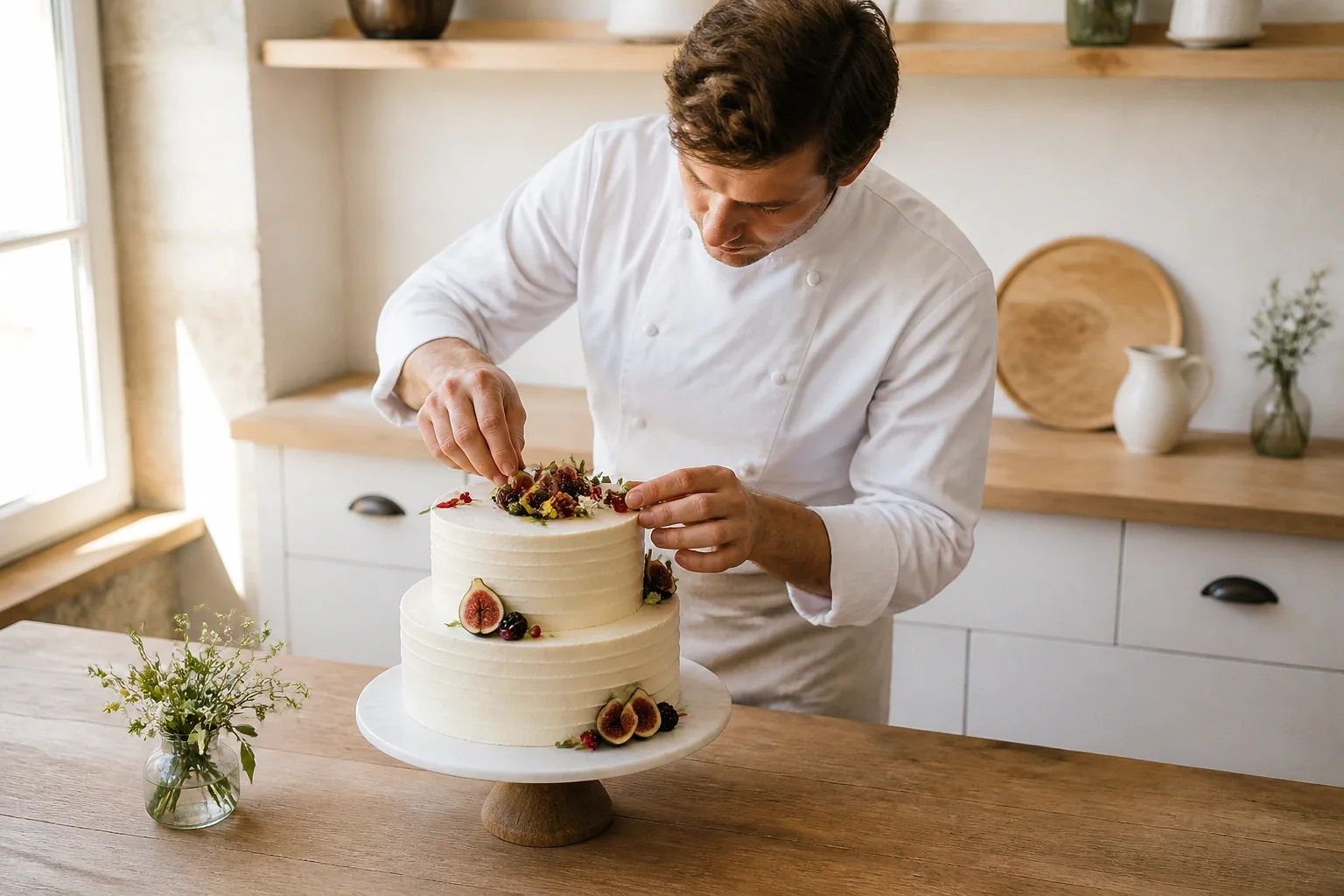 Gâteau de mariage préparé dans un atelier — illustration générée par IA
