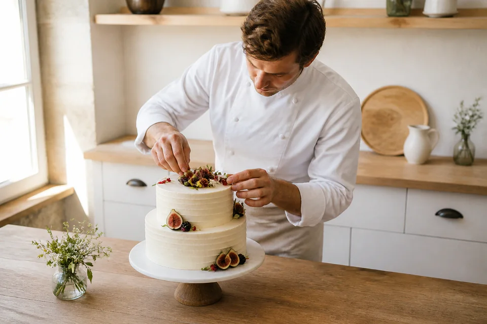 Gâteau de mariage préparé dans un atelier — illustration générée par IA