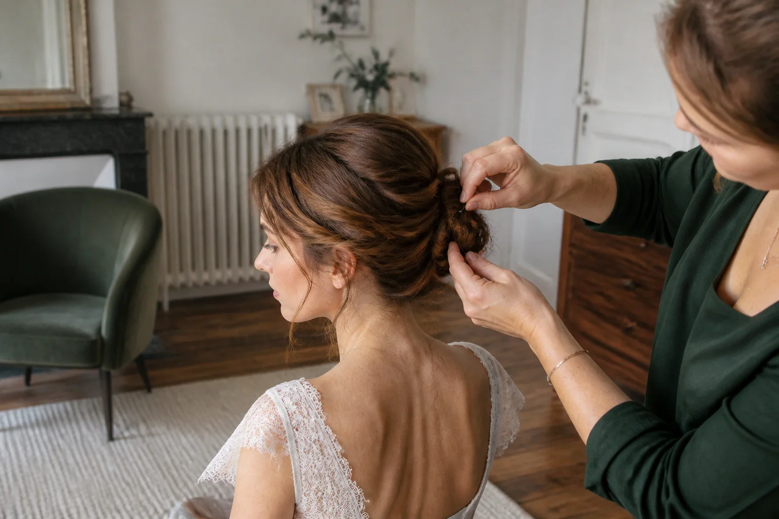 Coiffure de cérémonie vue pendant la préparation — illustration générée par IA