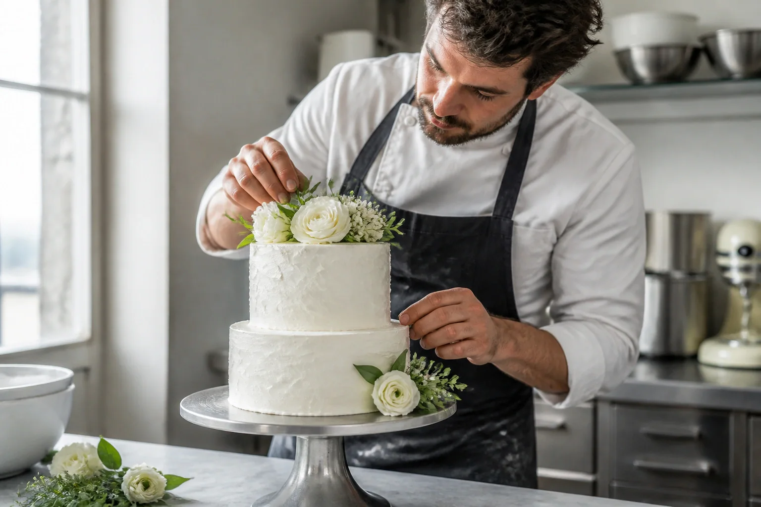 Gâteau de mariage préparé dans un atelier — illustration générée par IA